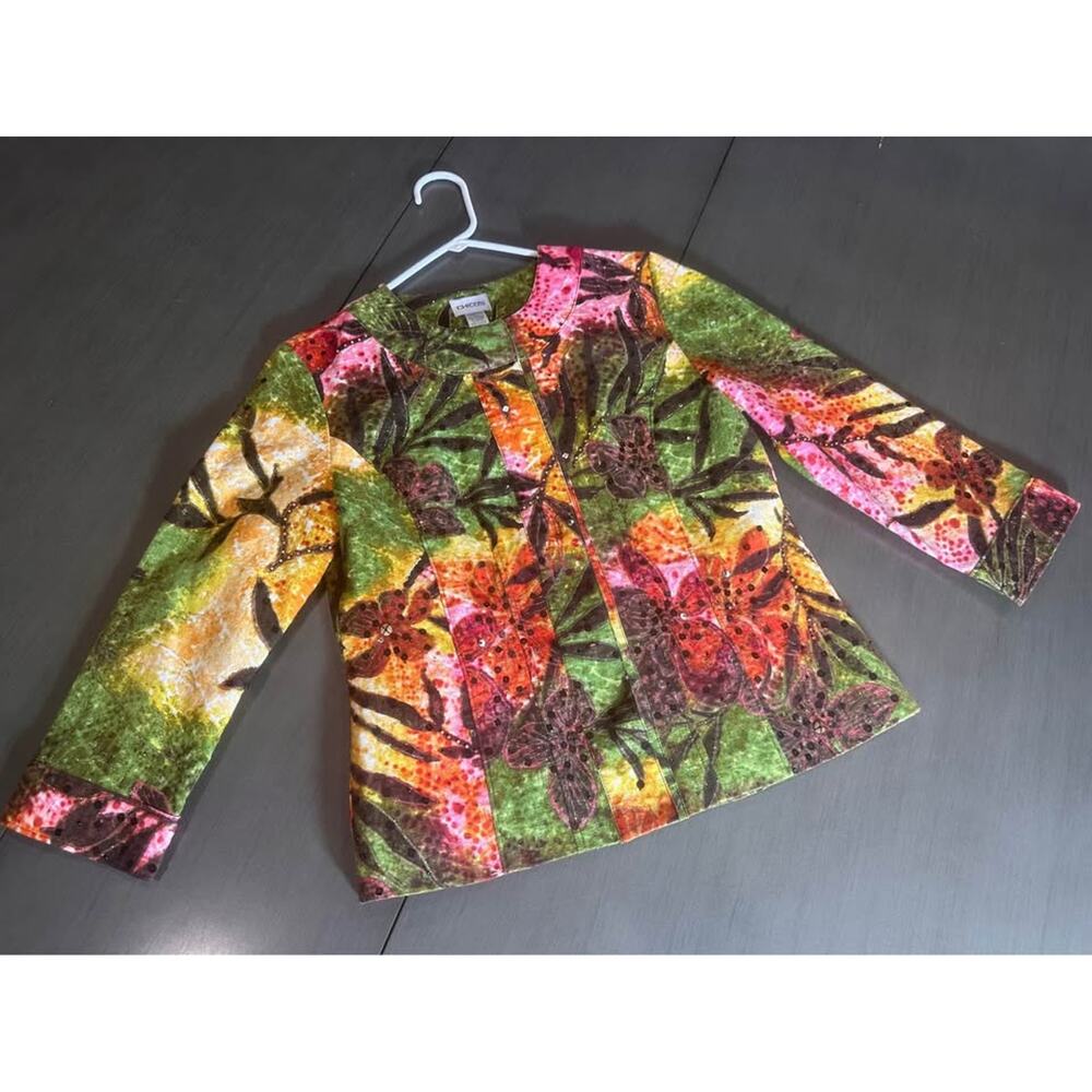 Chico's shimmering donya Floral‎ Jacket green size 0 (S/4) vibrant tropical